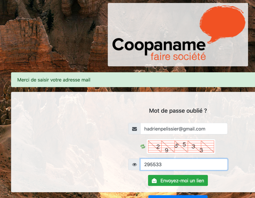 Page « Mot de passe oublié ? » du portail de Coopaname